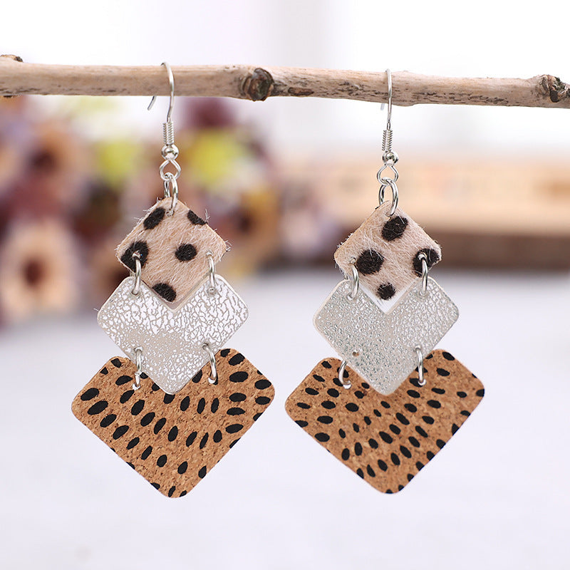 Vintage Leopard Print Stitching Leather Earrings - - Earrings - Carvan Mart