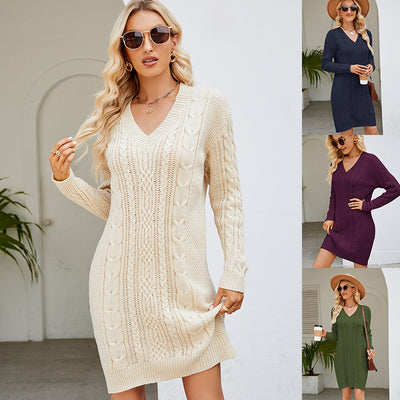 Women's Long Twisted Basic Knitted Dress - 