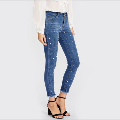 Pearl Beaded Skinny Jeans for Women - High Waist Bleached Denim Pants with Zipper - Blue - Women's Jeans - Carvan Mart