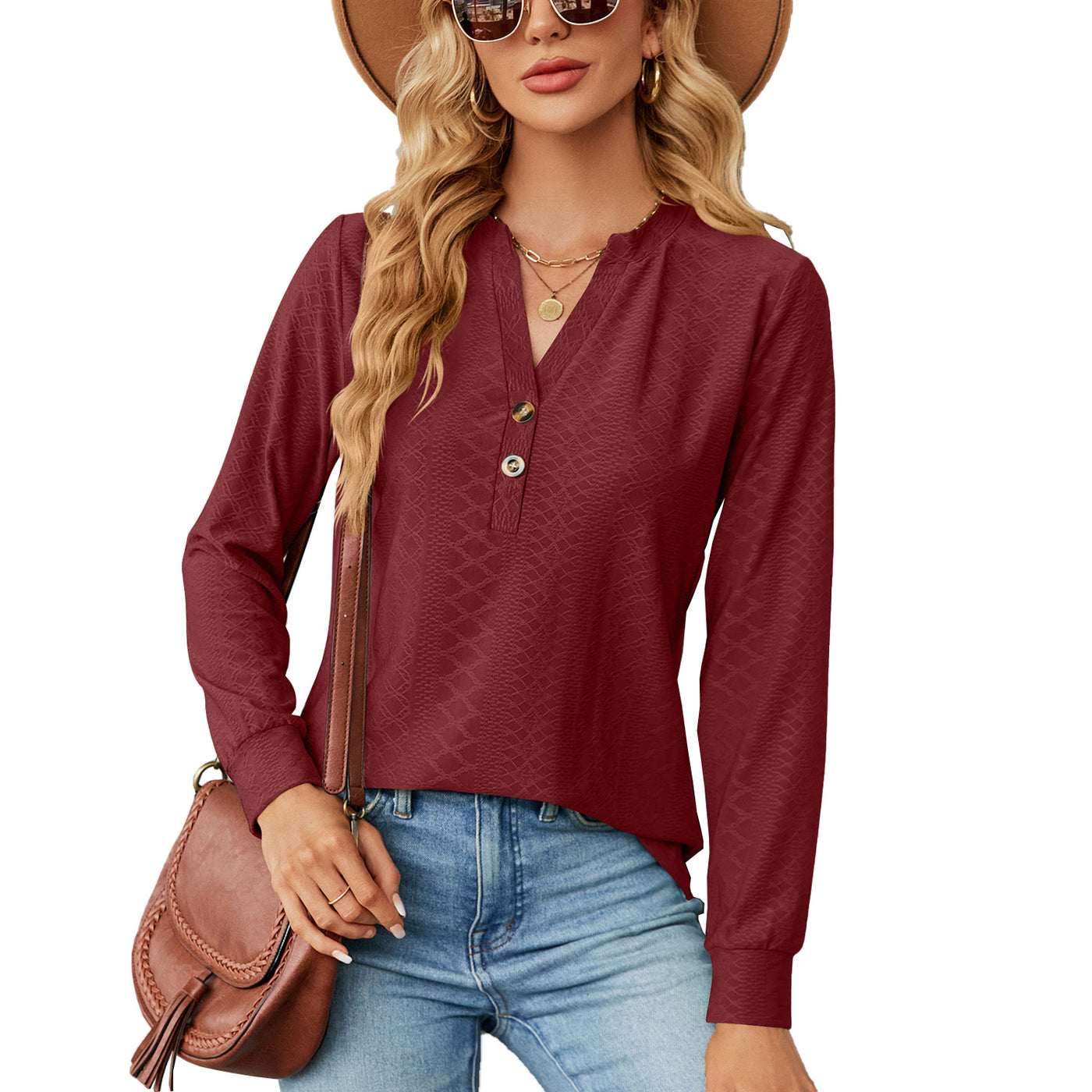 Relaxed-fit V-neck Tees Solid Color Button Jacquard Loose Long Sleeve Top - Wine Red - Winter Tops - Carvan Mart