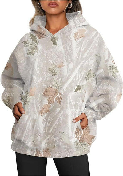 Camouflage Hoodie Maple Leaf Print Oversized Sports Women's Hoodie - White Leaves - Women Hoodies & Sweatshirts - Carvan Mart