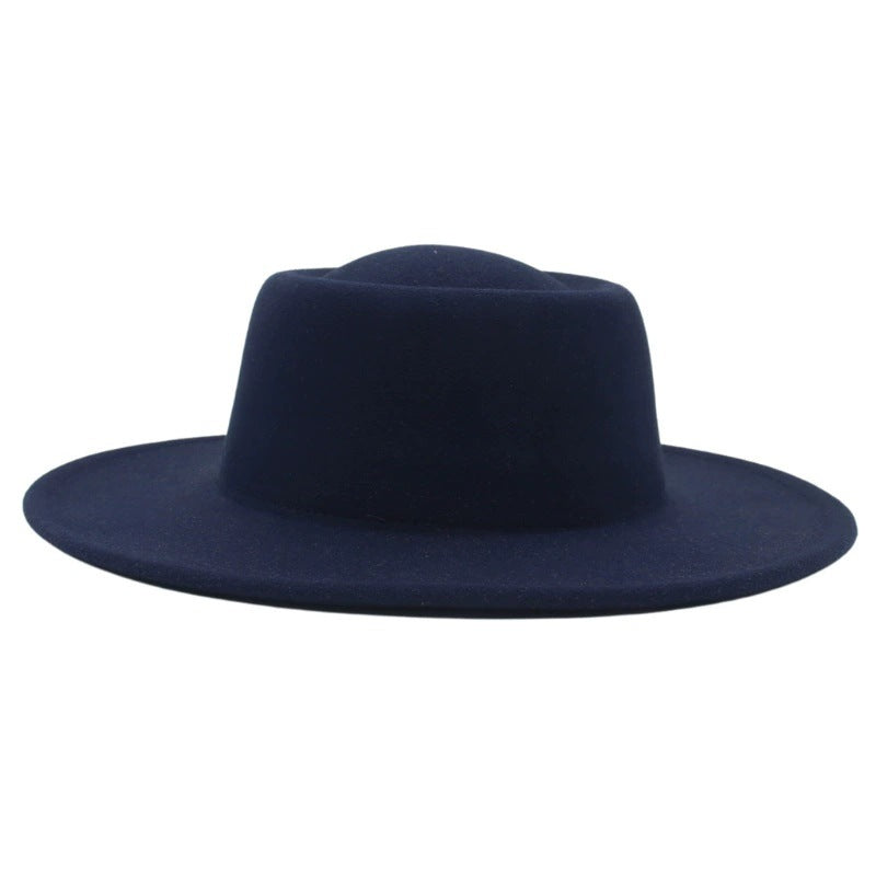 Retro Fedora 8cm Wide Brim Solid Color Concave-convex Dome Woolen Hat - Navy Blue Average Size - Men's Hats & Caps - Carvan Mart