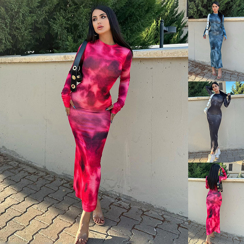 Fashion Tie-dye Long-sleeve Dress Women's Slim Fit Hip-hugging Long Dress - Carvan Mart