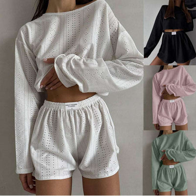 2pcs Women's Suit Long Sleeve Pullover Top And Shorts Simple Slim Fit Loose Hollow-out Suits - Carvan Mart