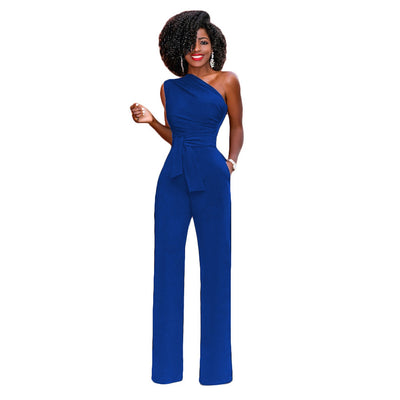 Sleeveless Calotte Jumpsuit Slant Collar Button up Jumpsuit - Blue - Jumpsuits & Rompers - Carvan Mart