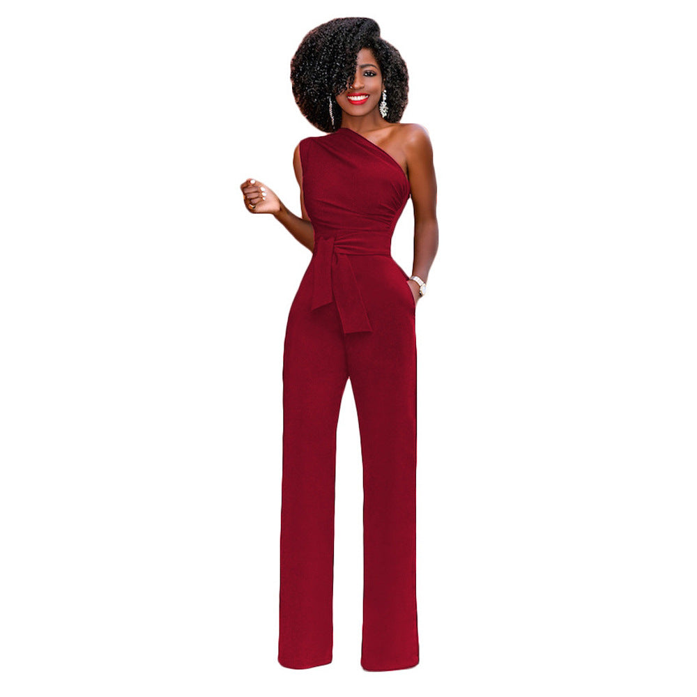 Sleeveless Calotte Jumpsuit Slant Collar Button up Jumpsuit - Red - Jumpsuits & Rompers - Carvan Mart