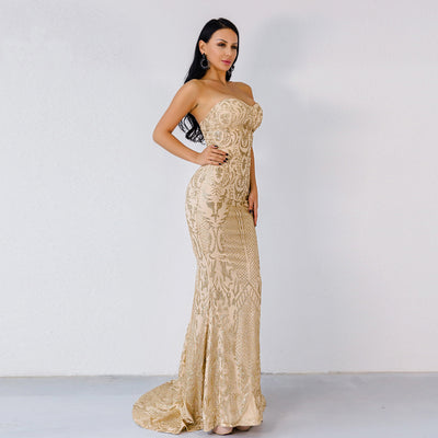 Women Mermaid Sequins Party Dress Sexy Elegant Strapless Geometric Evening Dress - Carvan Mart