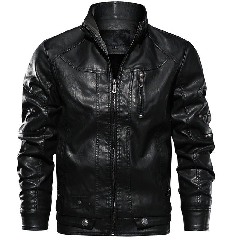 Men PU Leather Jacket Thick Motorcycle Leather Jacket Fashion Vintage Fit Coat - Black - Leather & Suede - Carvan Mart