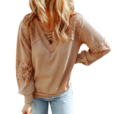 Women's Lace Waffle Long-sleeve Top - Carvan Mart