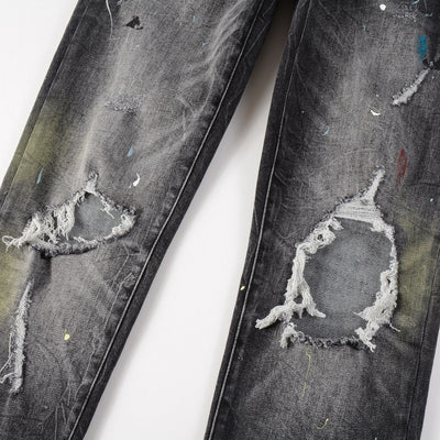 Vintage Distressed Paint Splashed Ink Stretch Gray Jeans For Men - Carvan Mart