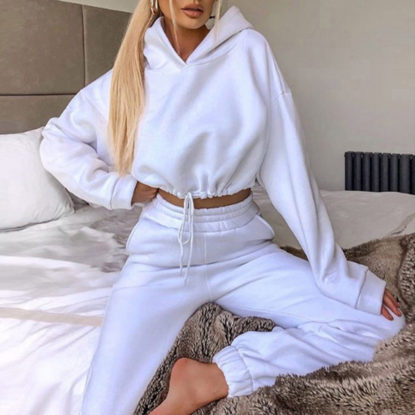 Women 2 Piece Sweat Suit Tracksuit Long Sleeve Hoodie Sportswear - Big White - Active Attire - Carvan Mart