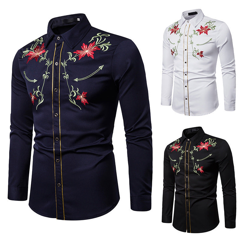 Men's Embroidery Shirt Long Sleeve Flower Shirt - - Men's Shirts - Carvan Mart