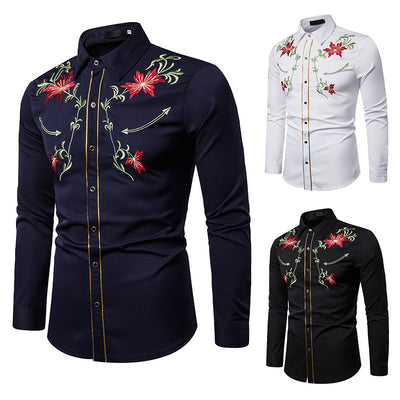 Men's Embroidery Shirt Long Sleeve Flower Shirt - Carvan Mart