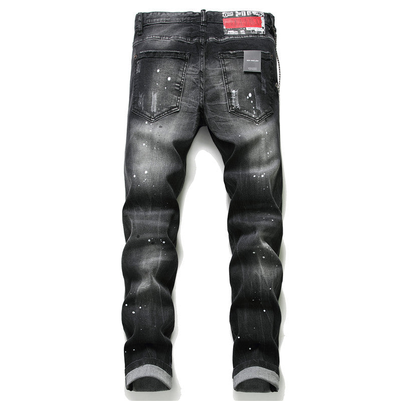 Black Ash Paint Broken Hole Maple Jeans Male - Carvan Mart