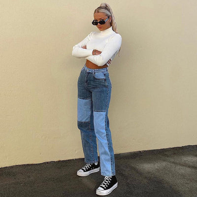 Contrasting Stitching High-rise Straight-leg Jeans Women - Trendy Denim Pants - Blue - Women's Jeans - Carvan Mart