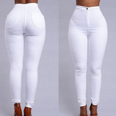 Women's High Waist Fleece Lined Elastic Leggings - Fashionable Pencil Pants - White - Women's Jeans - Carvan Mart