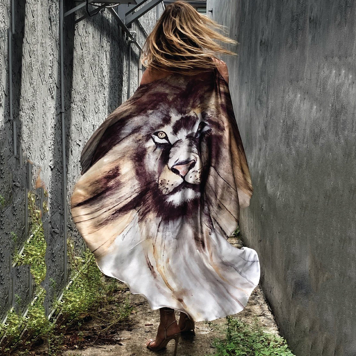 Off-Shoulder Bat Sleeve Dress Printed Versatile Hollow Out Slash Neck Midi Dress - Brown lion head - Dresses - Carvan Mart