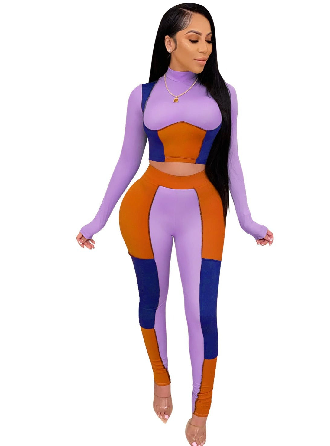 Two Piece Suit Women's Color Patchwork Freaknik Outfits - Purple - Prom Dresses - Carvan Mart