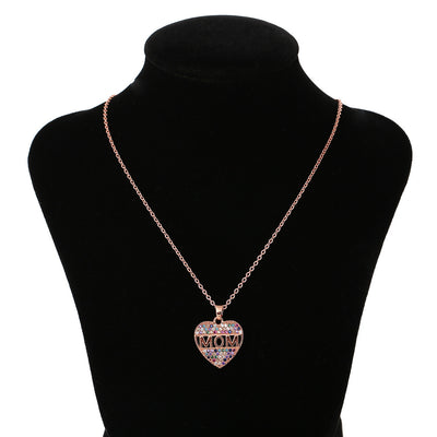 Mom Cubic Zirconia Heart Necklace Colorful Pendant Necklace - Rose gold - Necklaces - Carvan Mart