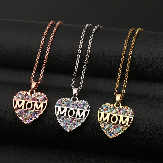 Mom Cubic Zirconia Heart Necklace Colorful Pendant Necklace