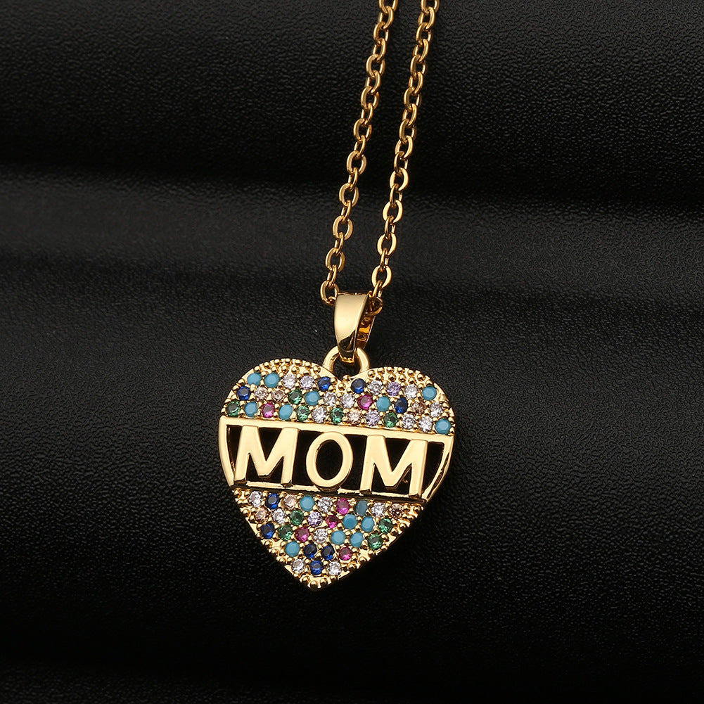 Mom Cubic Zirconia Heart Necklace Colorful Pendant Necklace - Carvan Mart