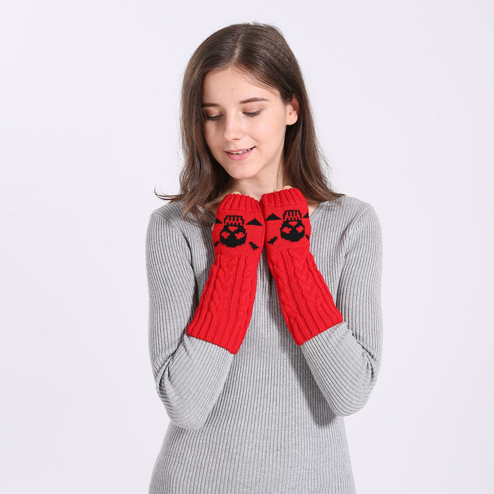 Warm Twisted Skull Knit Short Gloves With Wool - - Women Gloves & Mittens - Carvan Mart