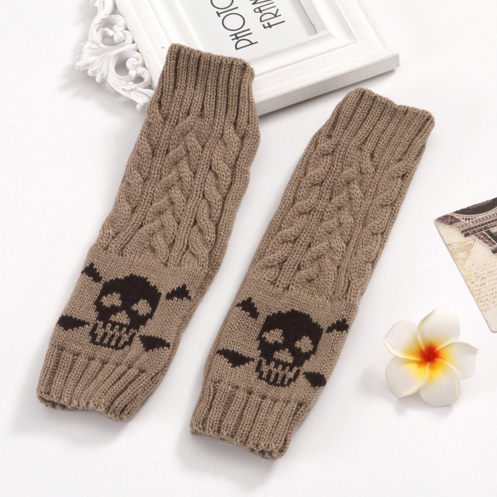 Warm Twisted Skull Knit Short Gloves With Wool - Khaki - Women Gloves & Mittens - Carvan Mart