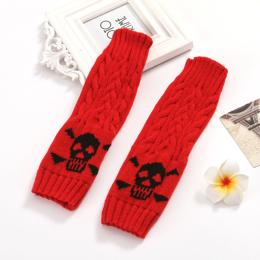 Warm Twisted Skull Knit Short Gloves With Wool - Red - Women Gloves & Mittens - Carvan Mart
