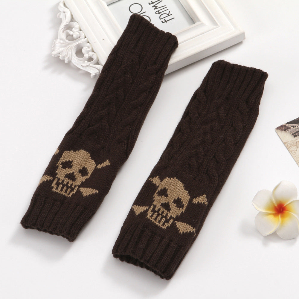 Warm Twisted Skull Knit Short Gloves With Wool - Coffee - Women Gloves & Mittens - Carvan Mart