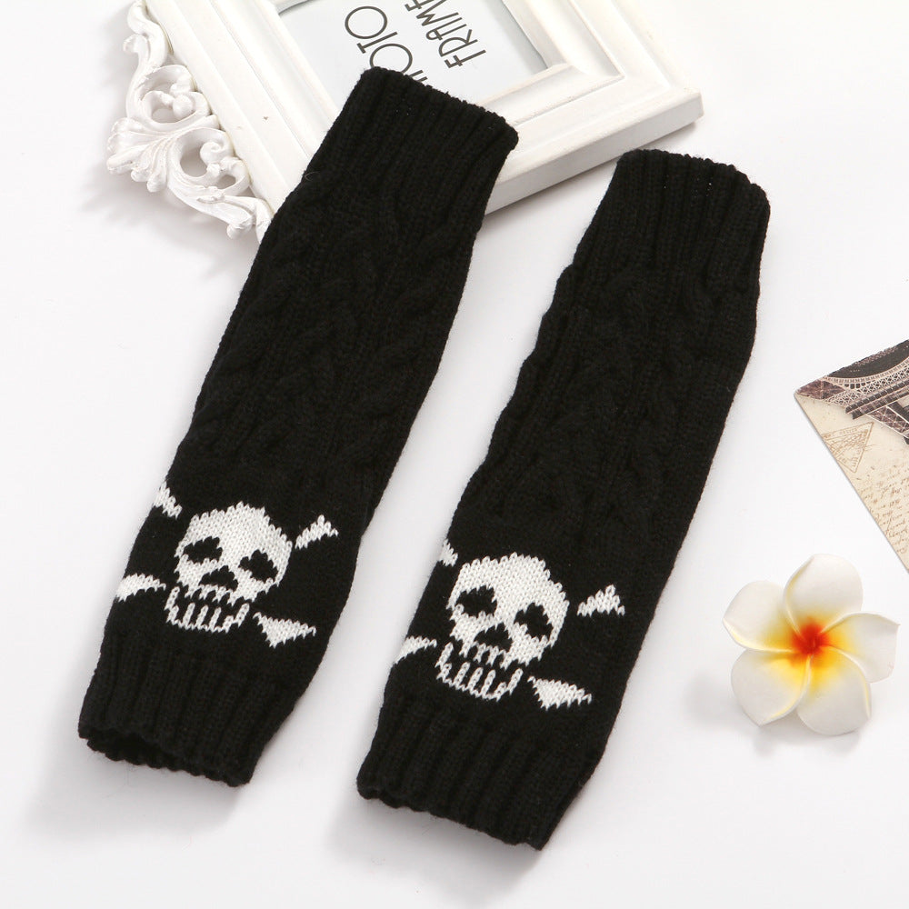 Warm Twisted Skull Knit Short Gloves With Wool - Black - Women Gloves & Mittens - Carvan Mart