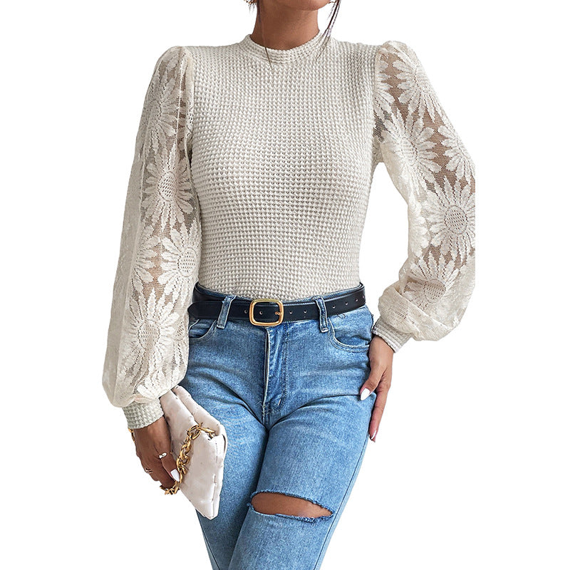 Knitwear Women's Lace Stitching Hollow-out Long-sleeved Top - - Winter Tops - Carvan Mart