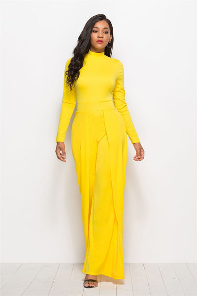 Palazzo Leg Elegant Jumpsuit Round Neck Long Sleeve Jumpsuit - Yellow - Jumpsuits & Rompers - Carvan Mart