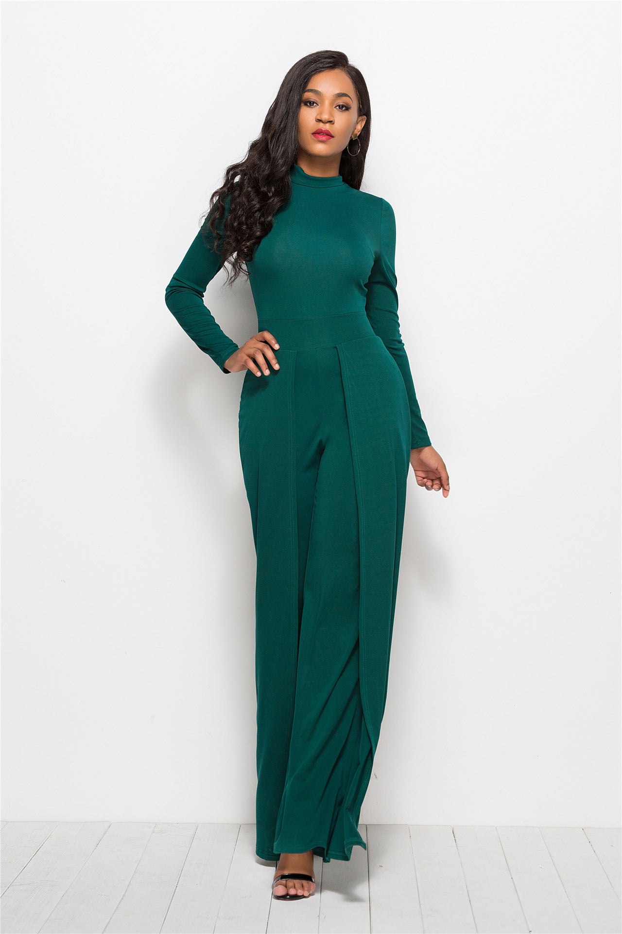 Palazzo Leg Elegant Jumpsuit Round Neck Long Sleeve Jumpsuit - Green - Jumpsuits & Rompers - Carvan Mart