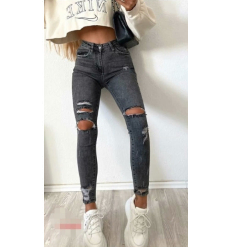 Ladies Ripped Stretch Jeans With Small Feet Ripped Jeans Women - Carvan Mart Ltd