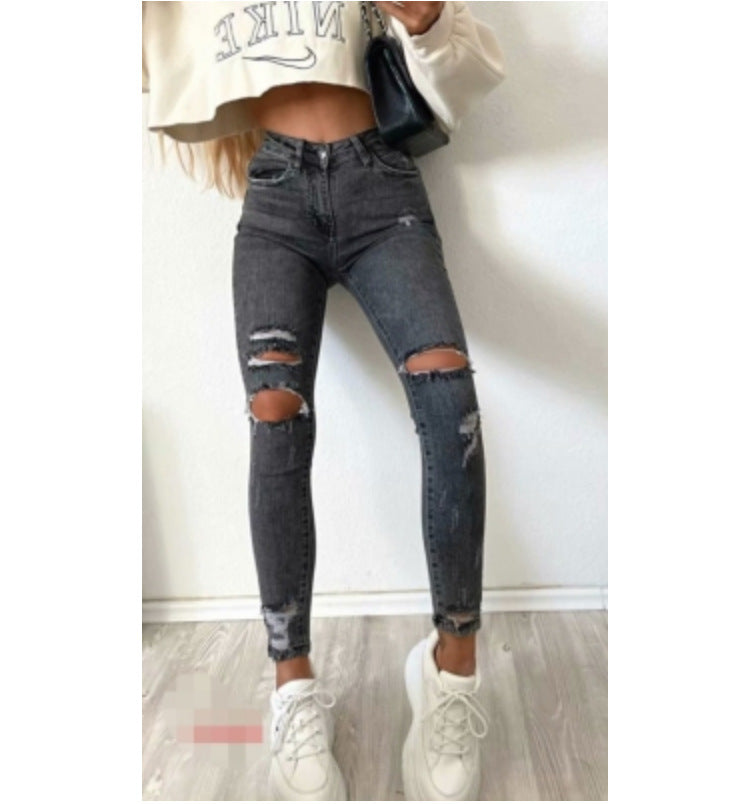 Women's High-Waisted Ripped Skinny Jeans - Distressed Black Denim Pencil Pants for Trendy Casual Style - Dark Grey - Women's Jeans - Carvan Mart