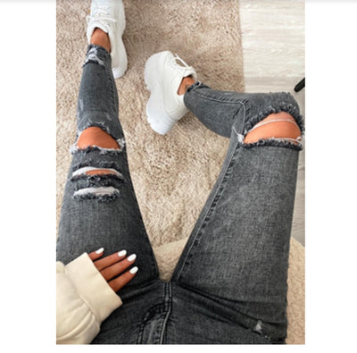 Women's High-Waisted Ripped Skinny Jeans - Distressed Black Denim Pencil Pants for Trendy Casual Style - - Women's Jeans - Carvan Mart