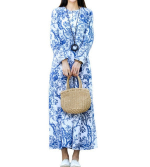 Long Dress With Long Sleeve Retro Cotton Linen Dress - Blue - Women's Linen - Carvan Mart