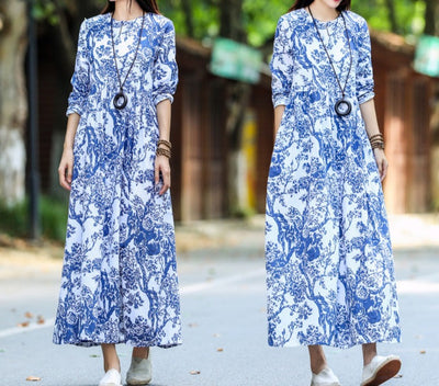 Long Dress With Long Sleeve Retro Cotton Linen Dress - Carvan Mart