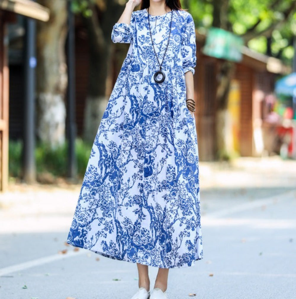 Long Dress With Long Sleeve Retro Cotton Linen Dress - Carvan Mart