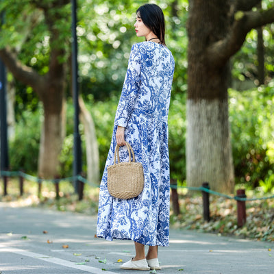 Long Dress With Long Sleeve Retro Cotton Linen Dress - Carvan Mart