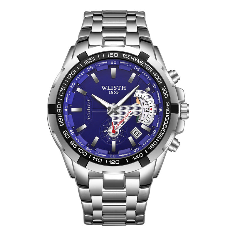 Quartz watch men''s watch waterproof sports watch men''s wristwatch - Blue surface silver steel - Men's Watches - Carvan Mart