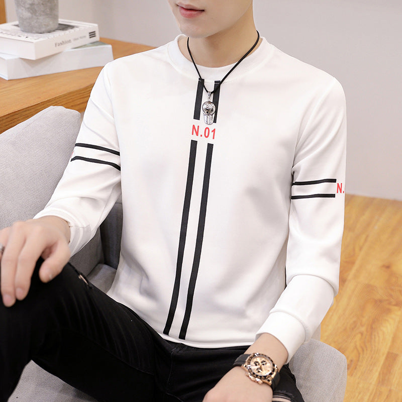 New Men's Printed long-sleeve T-shirt Round Neck Fashion Casual Shirt - White - Men's Shirts - Carvan Mart