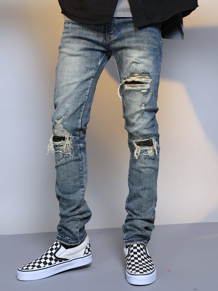 Mens Ripped Washed Blue Denim Jeans - Carvan Mart