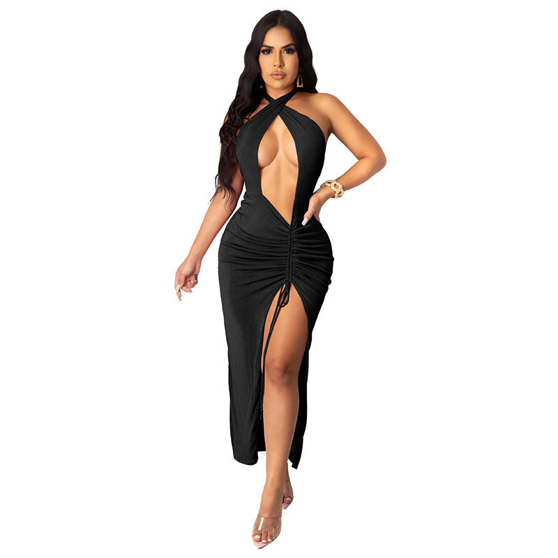 Sexy Halter Neck Ruched Midi Dress - Perfect for Clubbing and Parties - Black - Prom Dresses - Carvan Mart