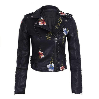 Embellished Women's Leather Moto Jacket Punk Faux Leather Jacket - Carvan Mart