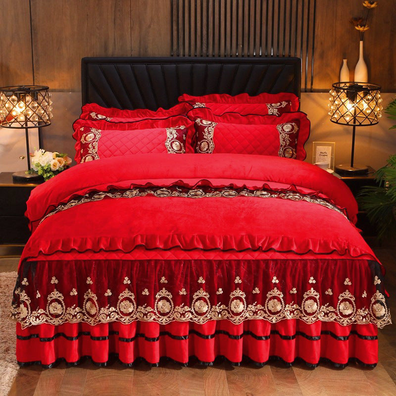 Luxury Lace Bedskirt Bedclothes Mattress Cover Bedspread Pillowcases Home Textiles - Carvan Mart