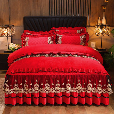 Luxury Lace Bedskirt Bedclothes Mattress Cover Bedspread Pillowcases Home Textiles - Red - Bedding Sets - Carvan Mart