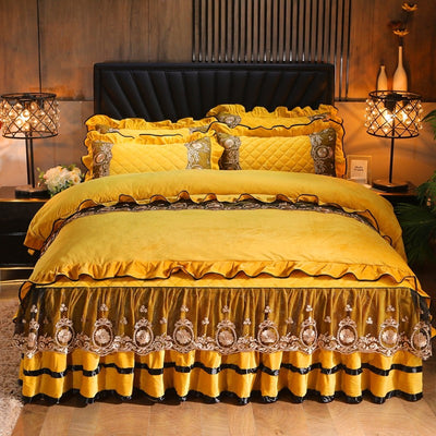 Luxury Lace Bedskirt Bedclothes Mattress Cover Bedspread Pillowcases Home Textiles - Yellow - Bedding Sets - Carvan Mart