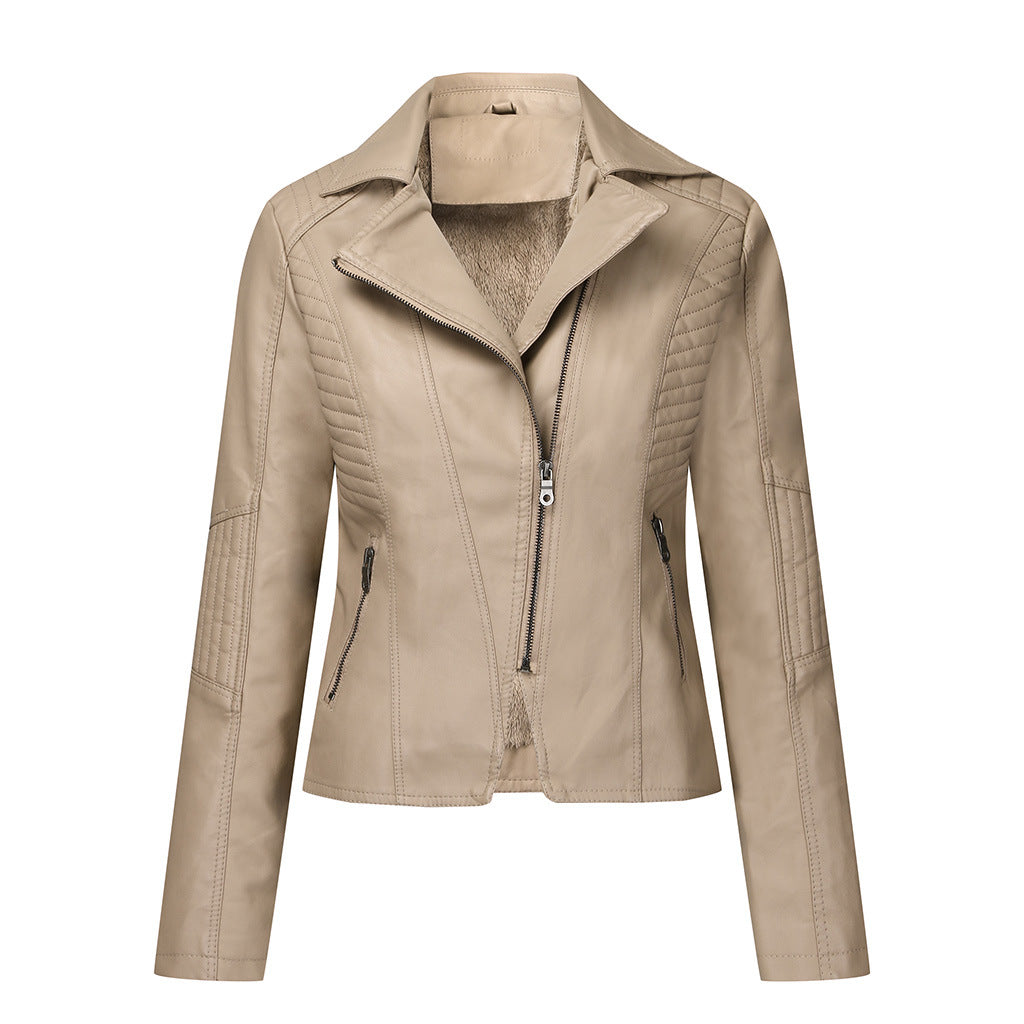 Classic Women's Leather Biker Jacket Oblique Zipper Jacket - Khaki - Leather & Suede - Carvan Mart