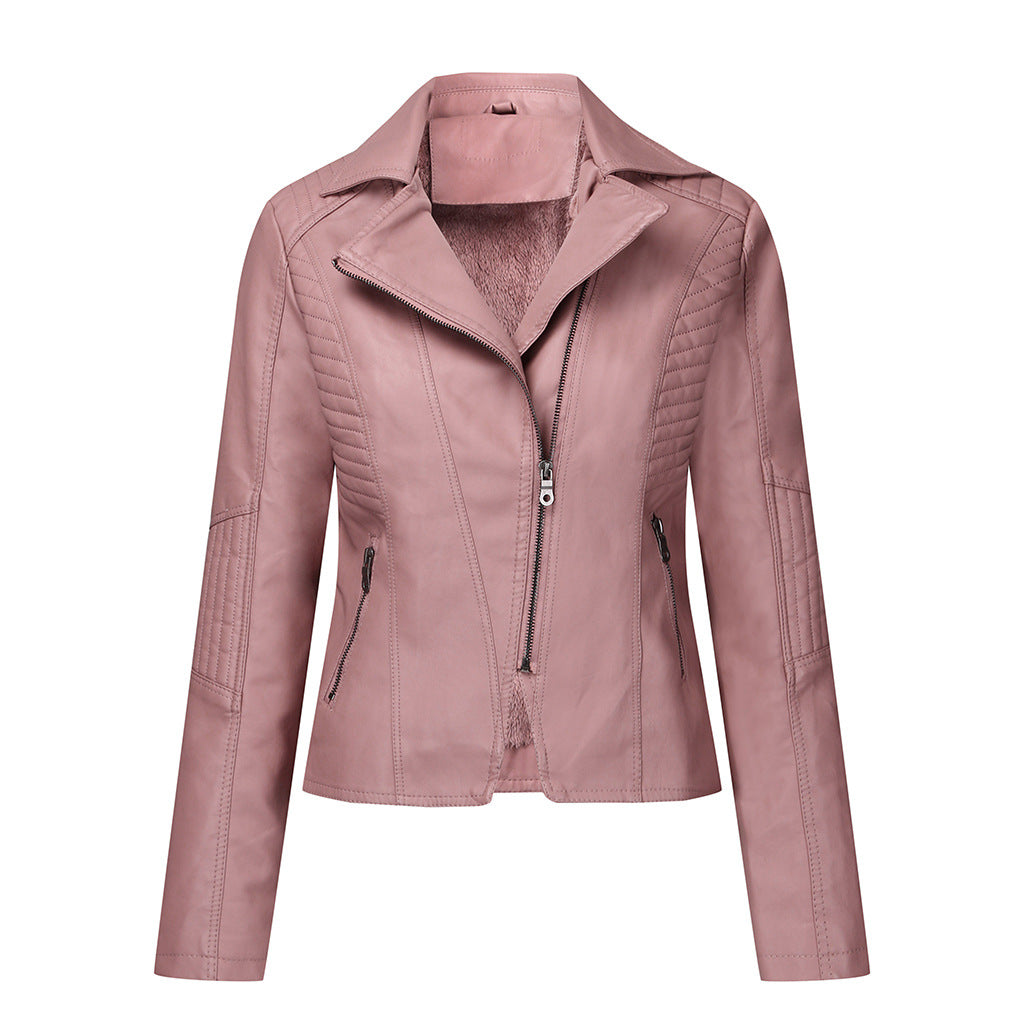 Classic Women's Leather Biker Jacket Oblique Zipper Jacket - Pink - Leather & Suede - Carvan Mart